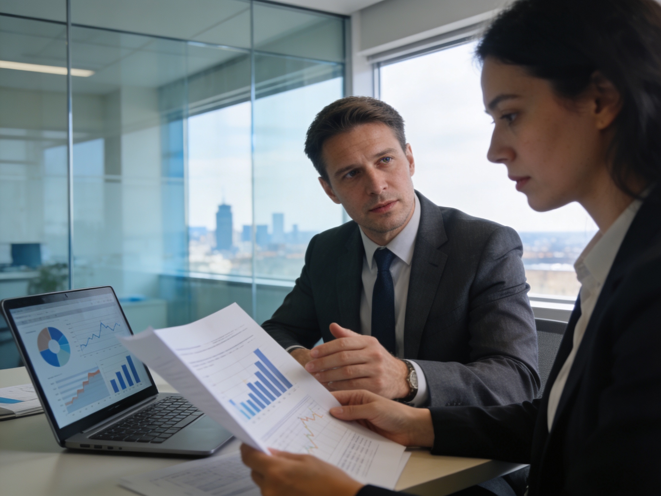 Healthcare finance office with natural lighting and charts.