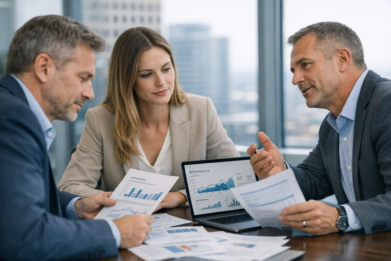 SEO report meeting with clients focused on analytics, traffic growth, and strategy.