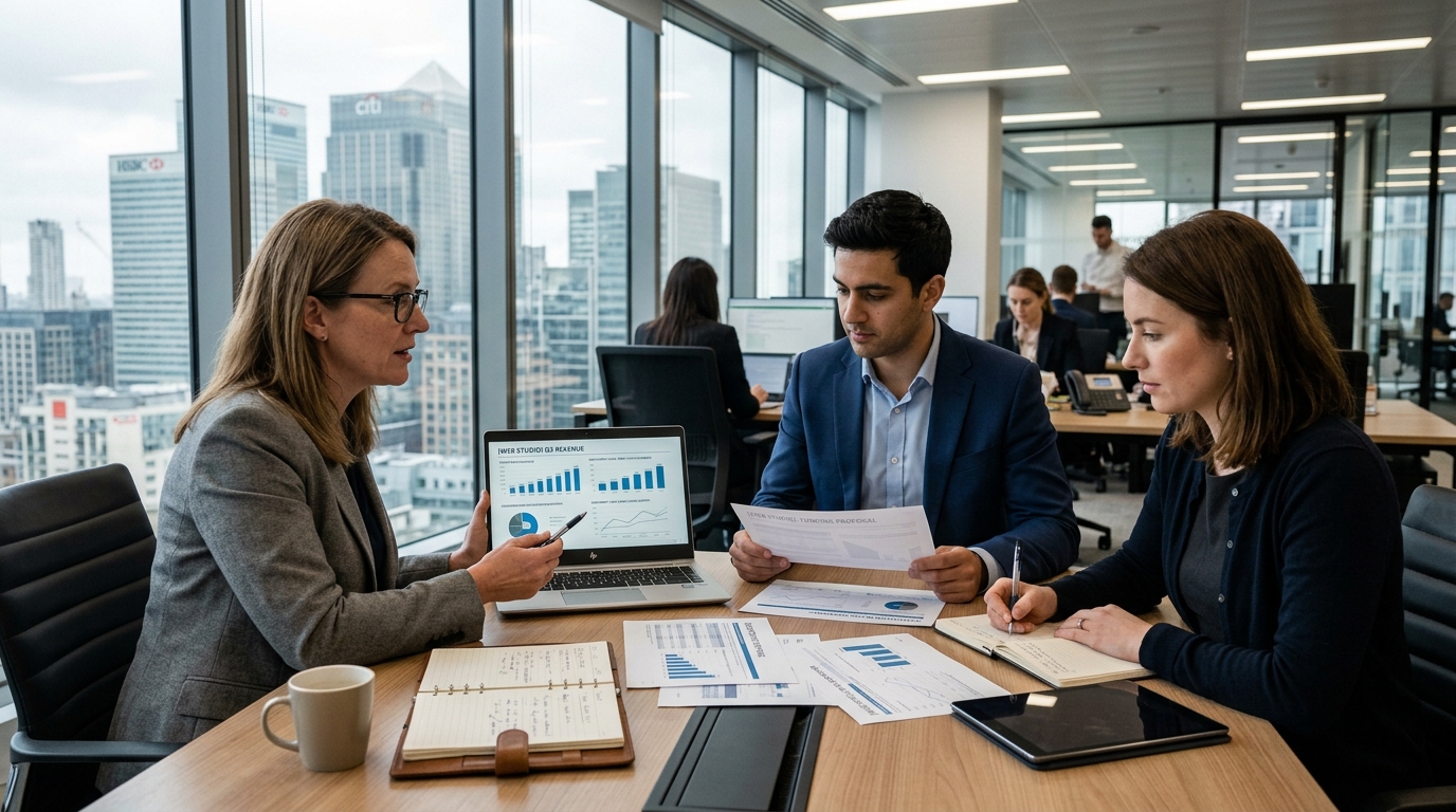 Portfolio manager explaining web studio allocation strategy using sector charts during team meeting.
